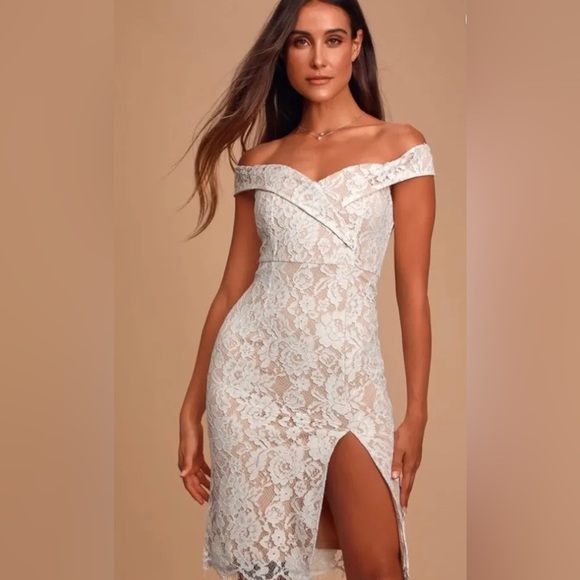Lulus Table for Two White Lace Off Shoulder Midi Dress Size Medium NWT Bridal - Picture 15 of 15